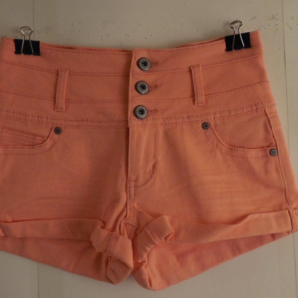 B28...Wet Seal Blue Asphalt Peach Color Shorts Size 7 - Picture 2 of 8